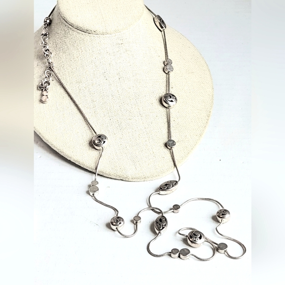 Brighton Scroll Bead Stations Silver Tone 40in Adjustable Necklace
